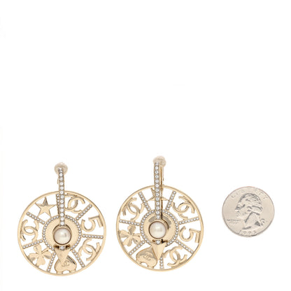 Chanel Pearl Crystal Lucky Symbols Round Clip On Earrings Gold Pearly White 2 of 5