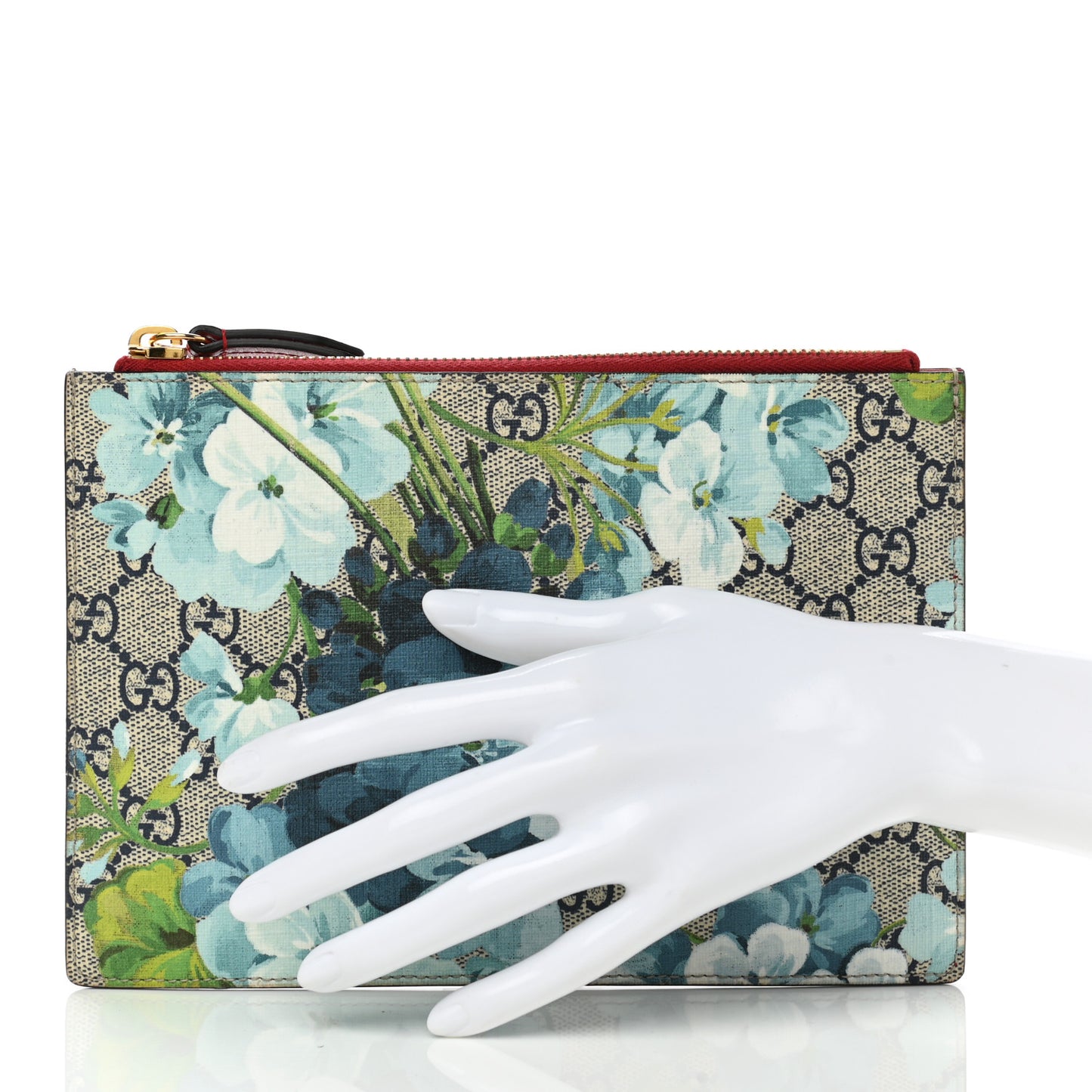 GG Supreme Monogram Blooms Small Zip Pouch Beige Blue Hibiscus Red