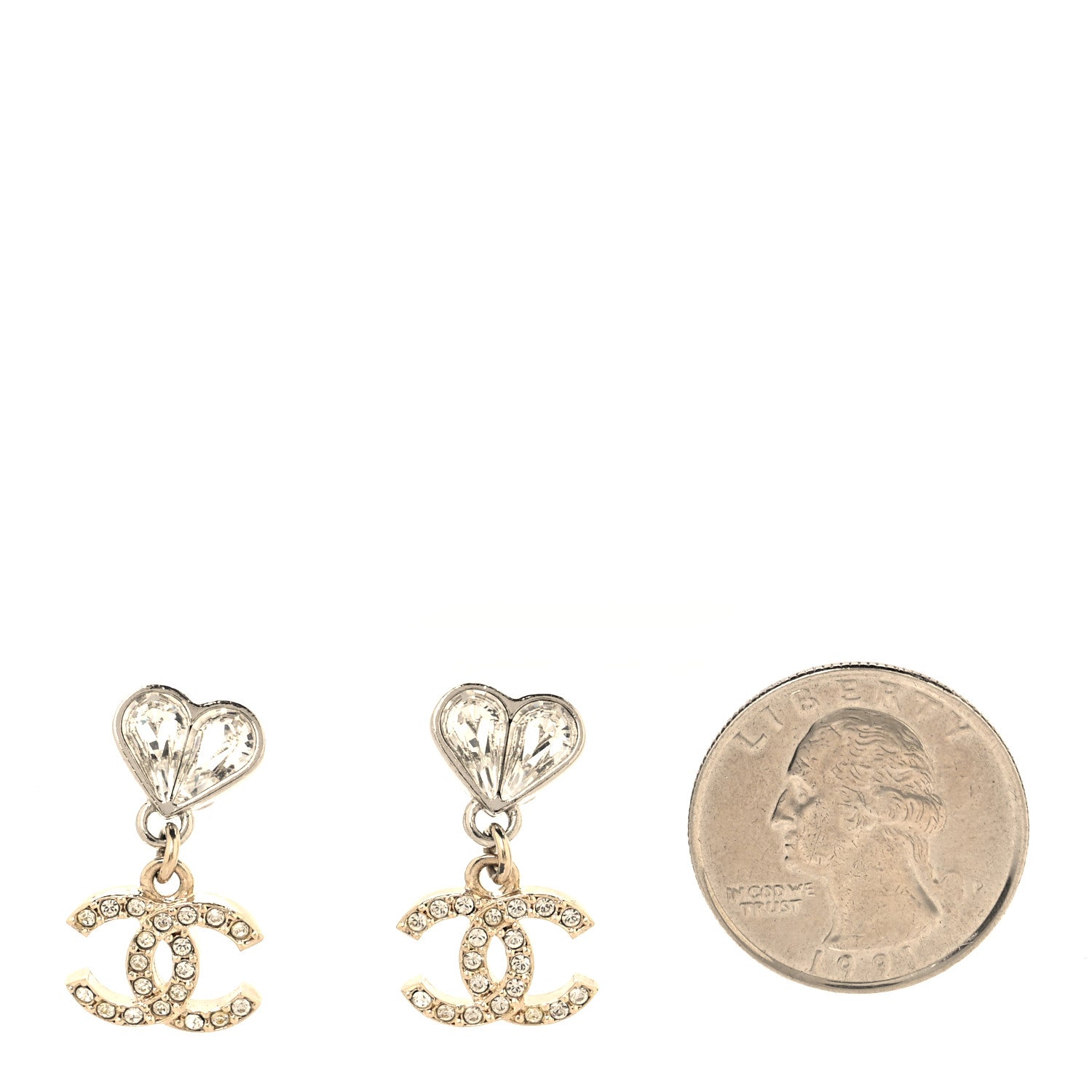 Chanel Crystal CC Heart Drop Earrings Gold Silver 2 of 5
