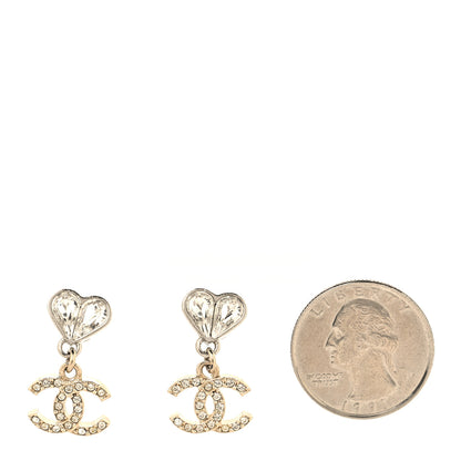 Chanel Crystal CC Heart Drop Earrings Gold Silver 2 of 5