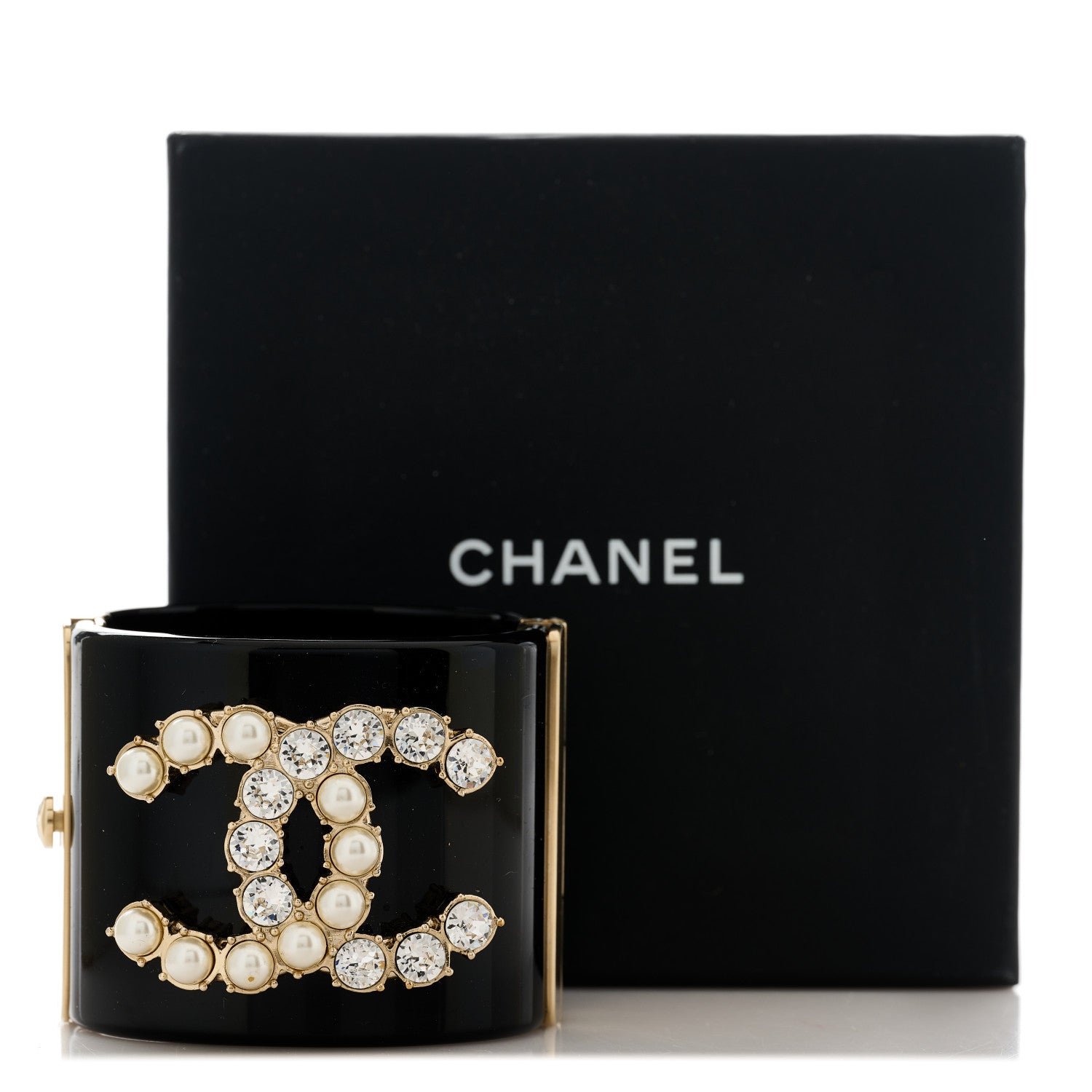 Chanel Resin Crystal Pearl Dazzling Domino CC Cuff Bracelet Black 5 of 5