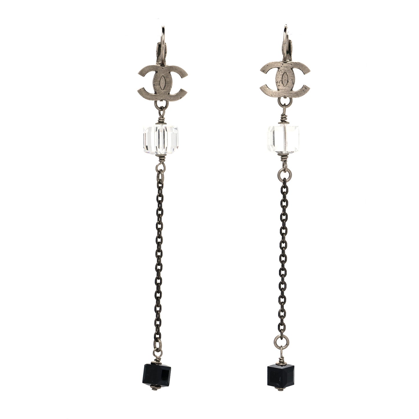 Crystal CC Dangle Earrings Silver Black