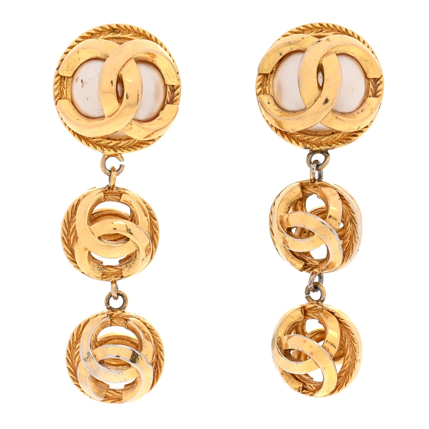Metal Pearl CC Dangle Clip On Earrings Gold
