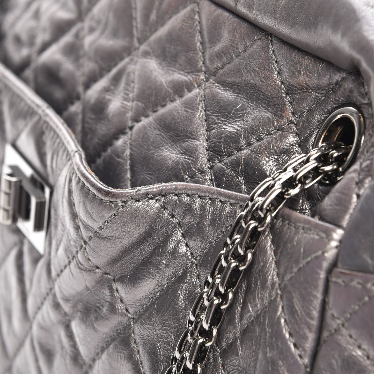 Metallic Aged Calfskin Quilted Medium Reissue Camera Case Dark Silver
