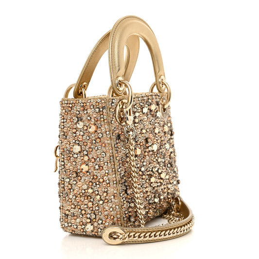 Metallic Calfskin Bead Embroidery Mini Lady Dior Gold