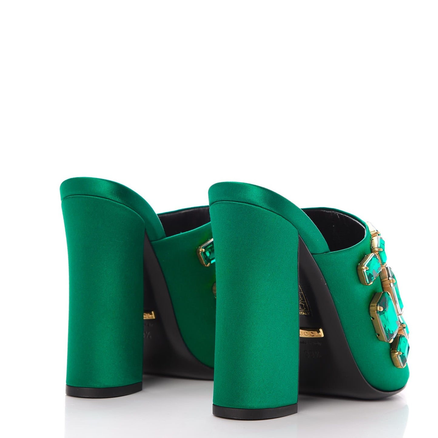 Silk Satin Crystal Embellished High Heel Slide Sandals 39.5 Emerald
