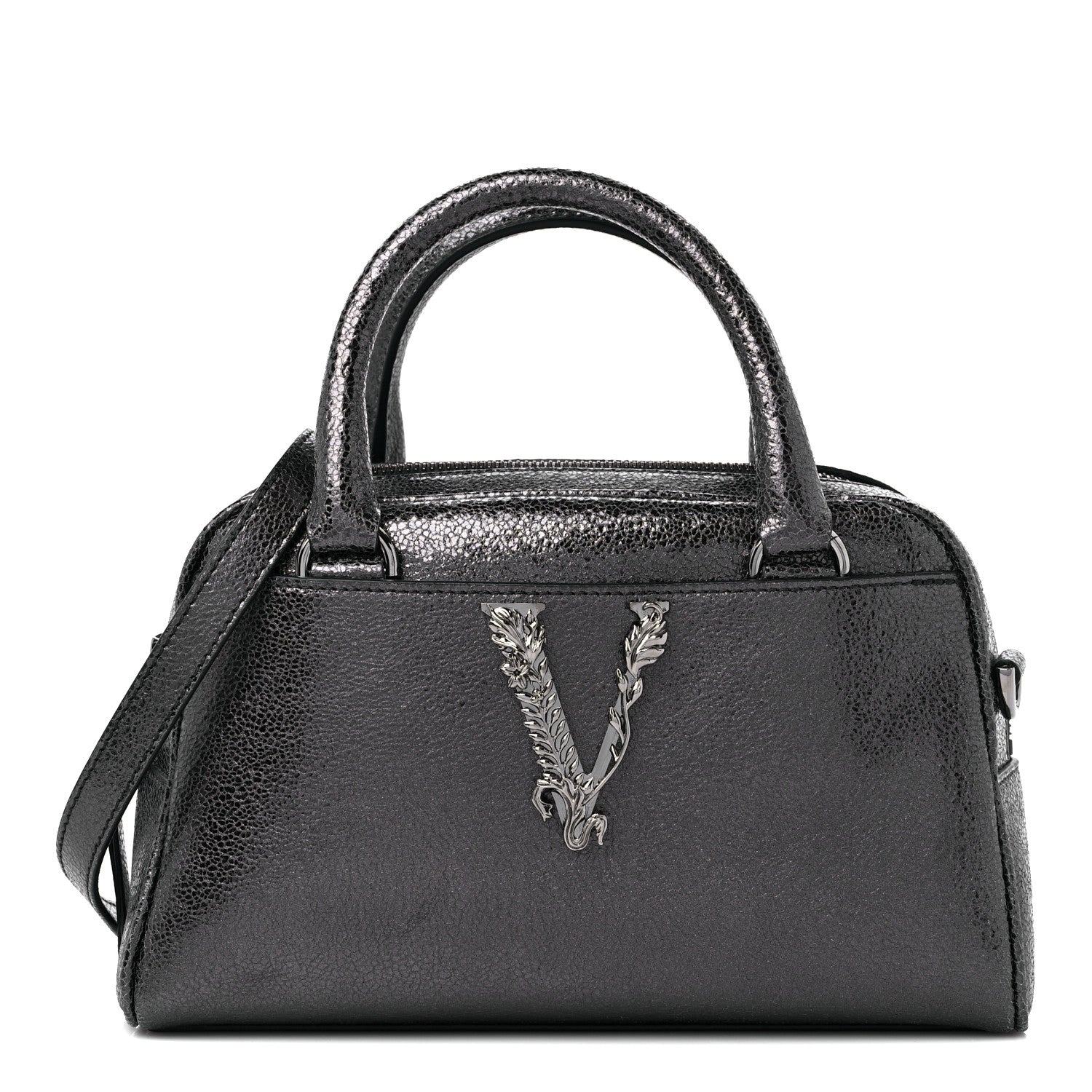 Versace Metallic Calfskin Virtus Bowling Bag Grey 1 of 9