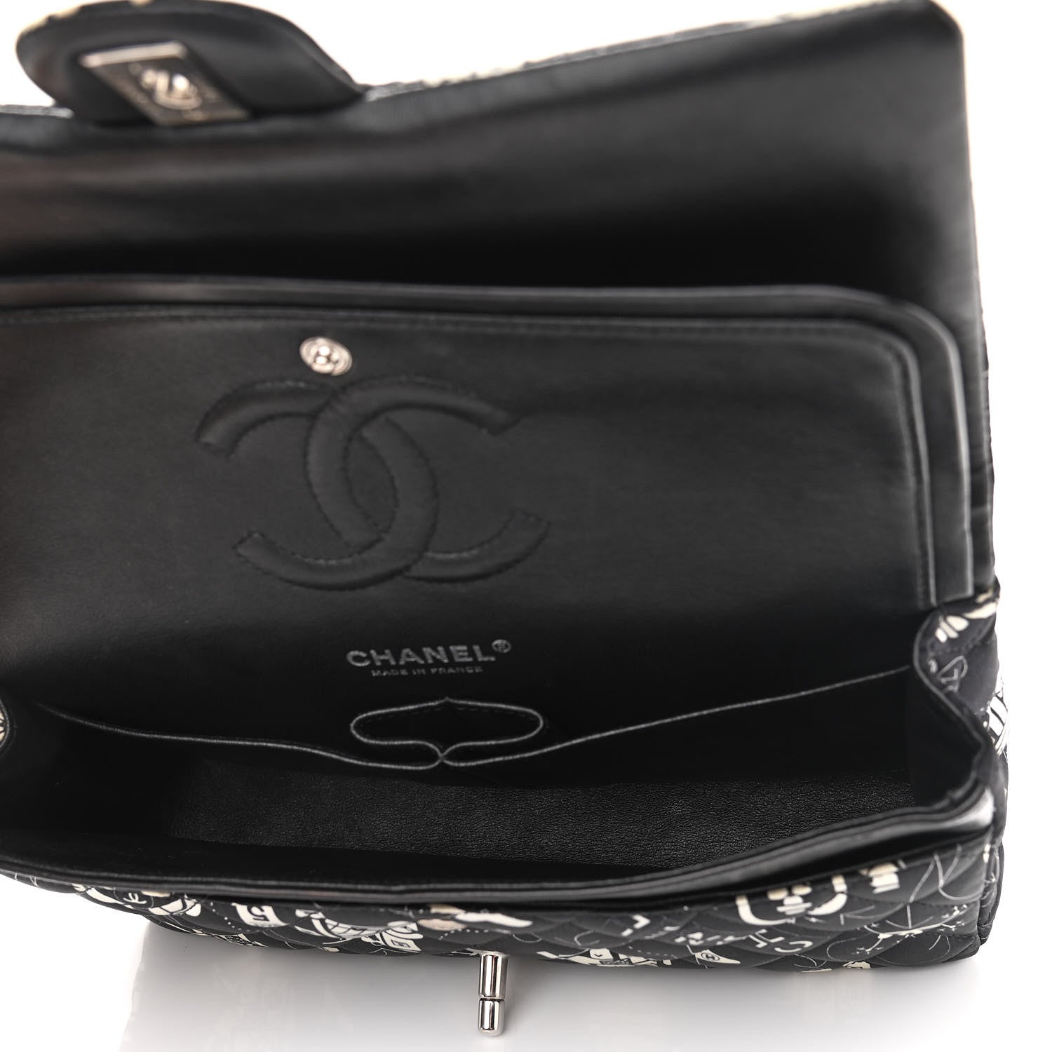 Chanel Satin Airline Printed Medium Double Flap Black White 5 of 12