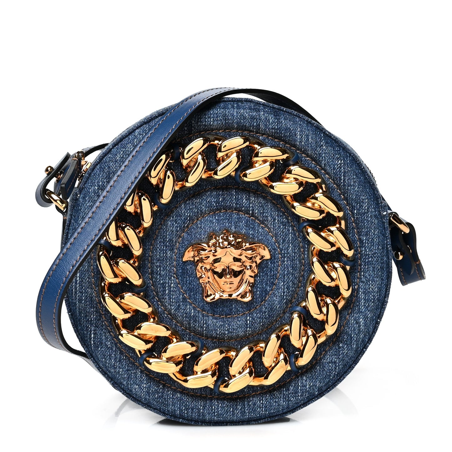 Denim Mini La Medusa Chain Round Crossbody Bag Navy Blue