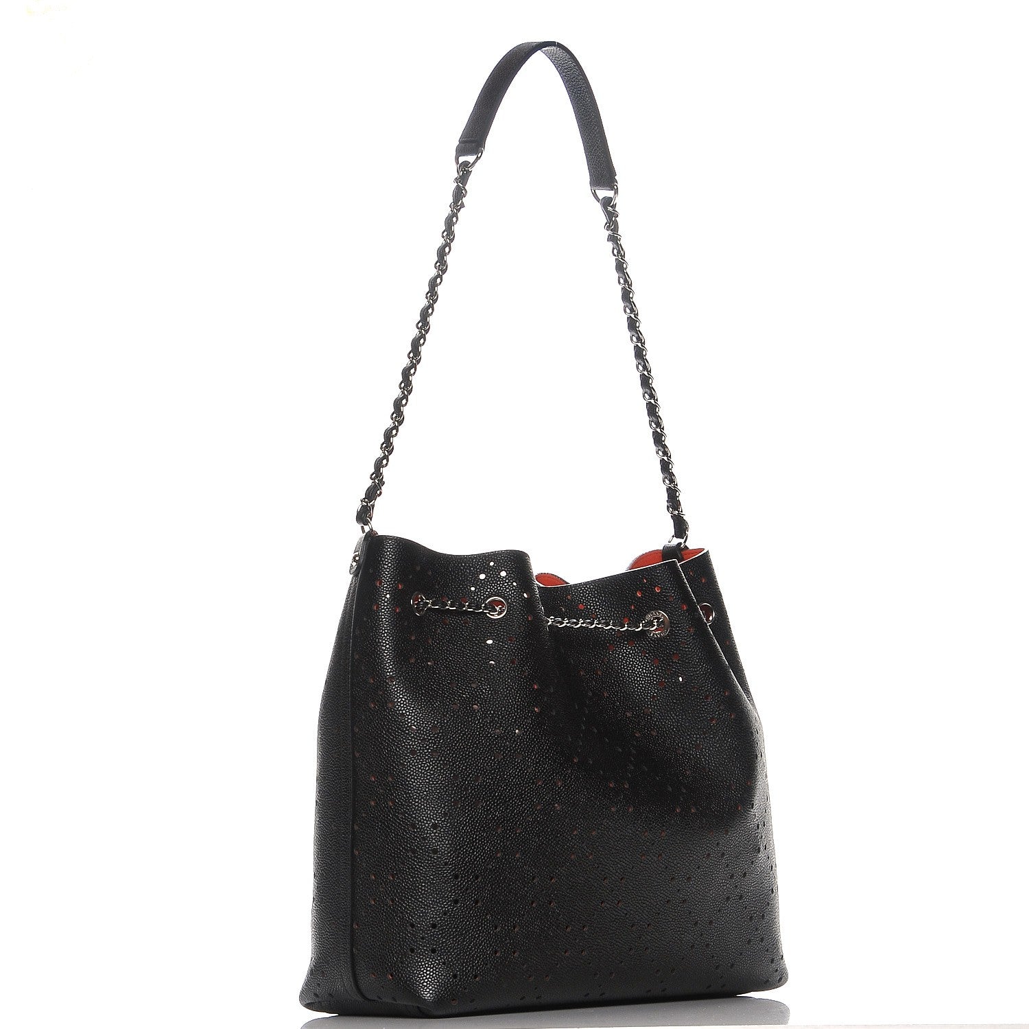 Chanel Caviar Perforated Drawstring CC Bag Black Orange 3 of 10