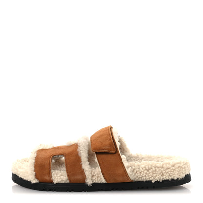 Hermes Suede Goatskin Woolskin Womens Chypre Sandals 37.5 Naturel Ecru 1 of 10