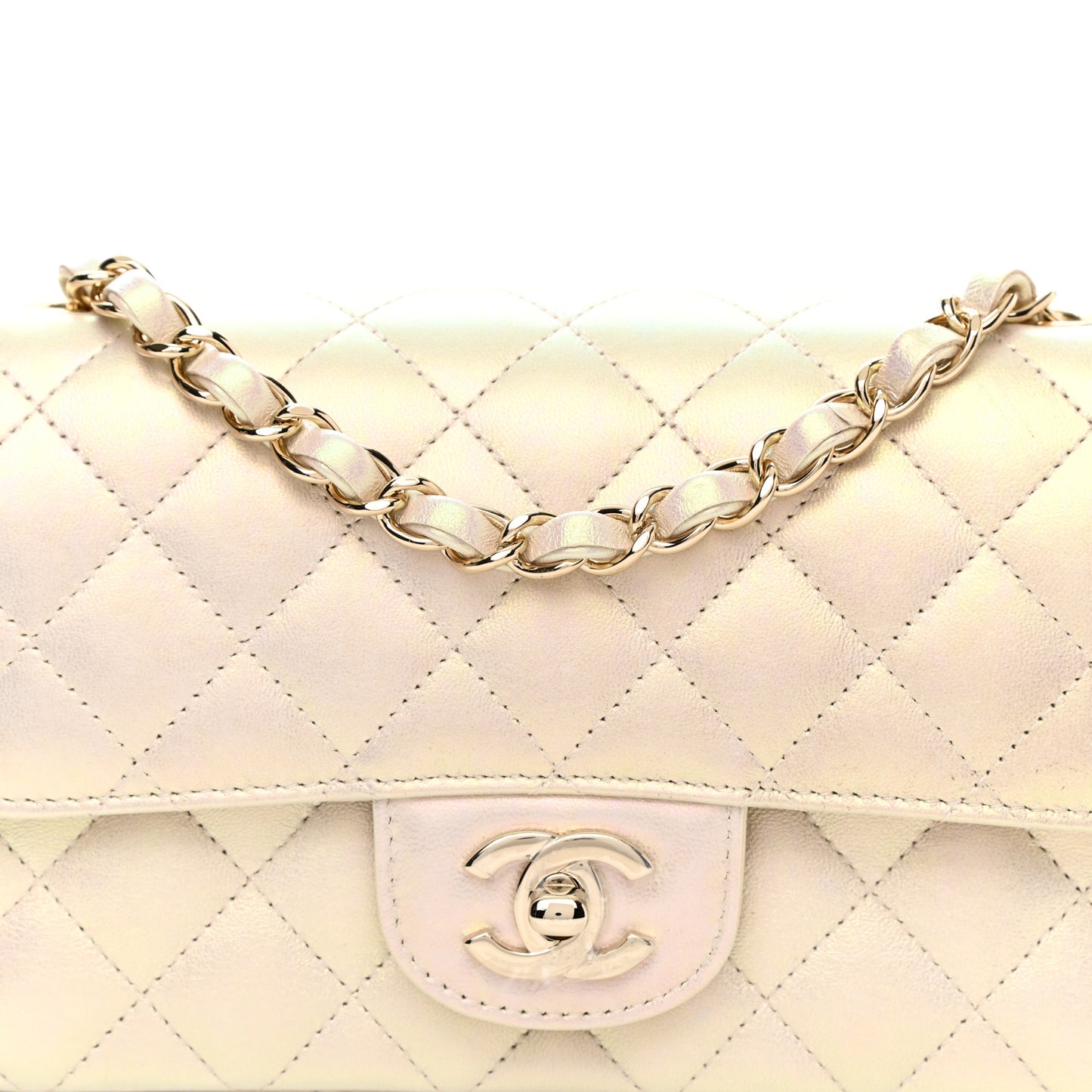 Iridescent Lambskin Quilted Mini Rectangular Flap Ivory