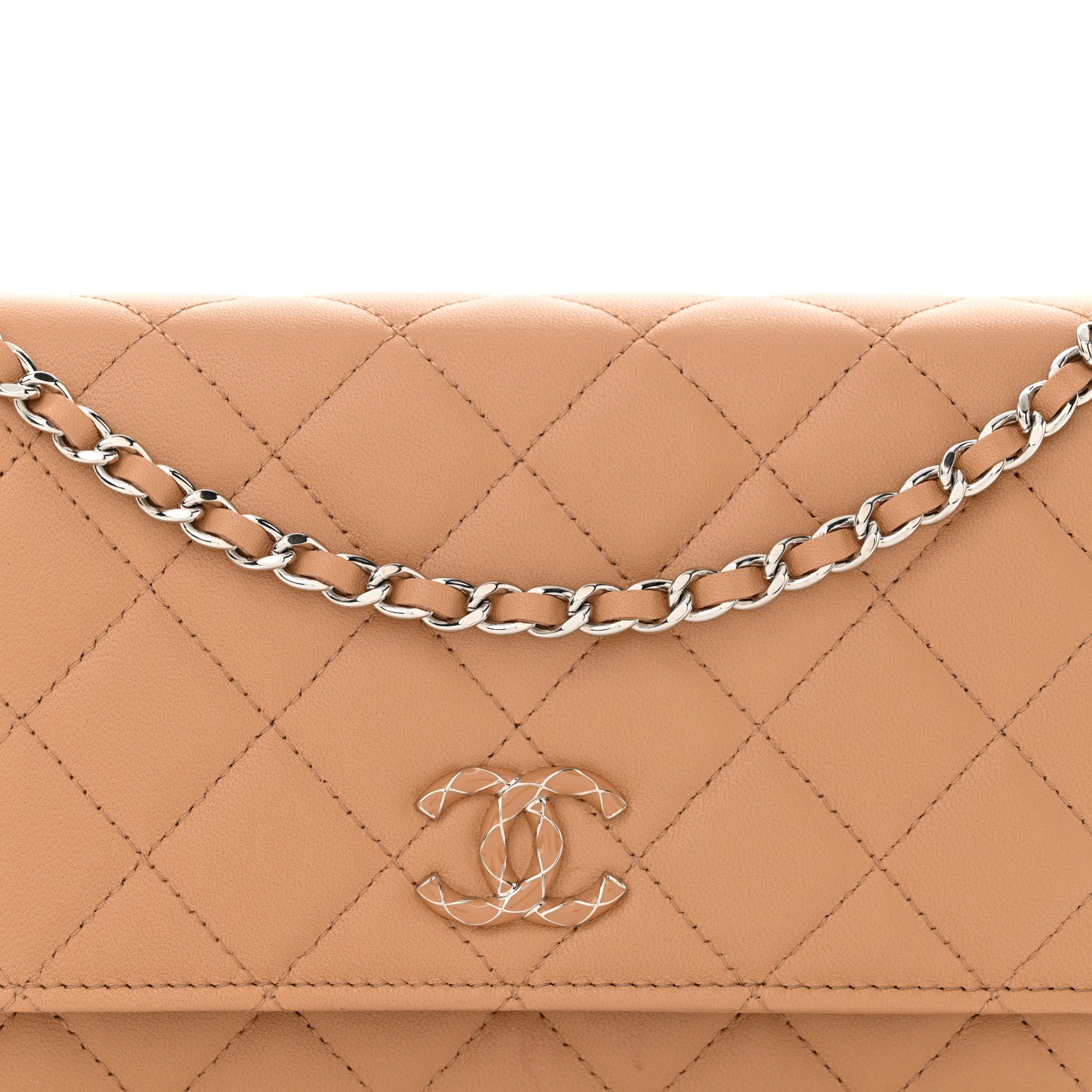 Chanel Lambskin Enamel Quilted Wallet on Chain WOC Beige 9 of 13