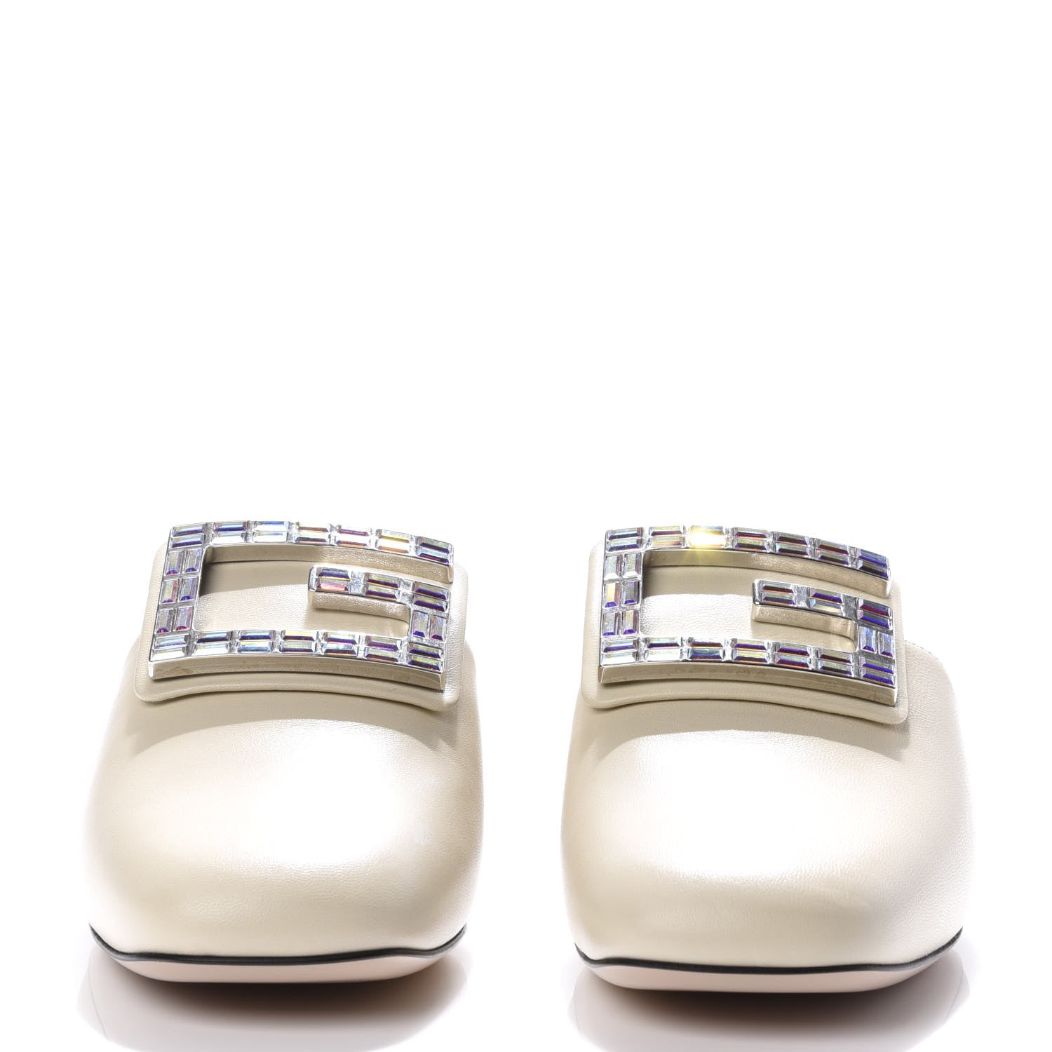 Gucci Malaga Kid Crystal Square G Madelyn Mules 38 Vintage White 2 of 10