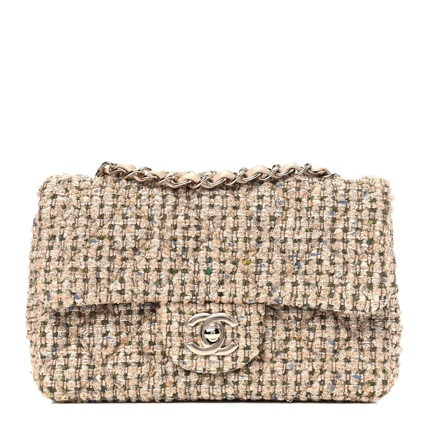 Tweed Quilted Mini Rectangular Flap Beige
