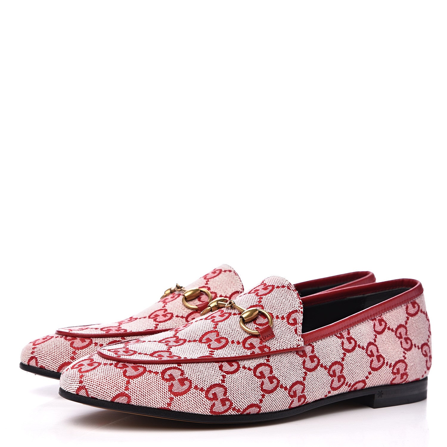 Gucci Canvas GG Monogram Horsebit Womens Jordaan Loafers 37 Gardenia Hibiscus Red 3 of 9