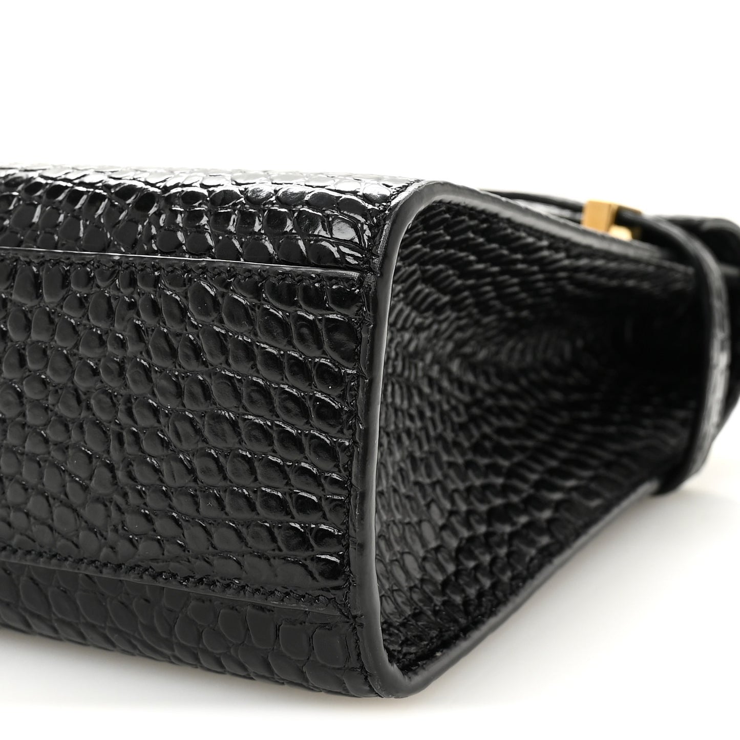 Shiny Calfskin Crocodile Embossed Manhattan Baguette Black