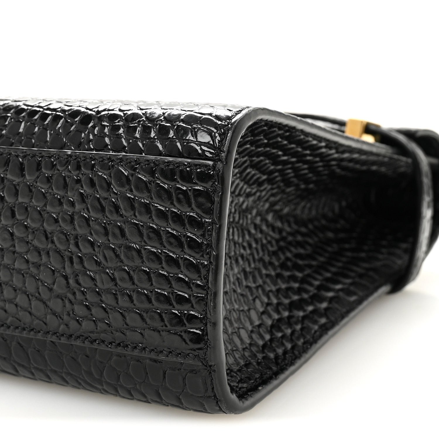 Saint Laurent Shiny Calfskin Crocodile Embossed Manhattan Baguette Black 9 of 9