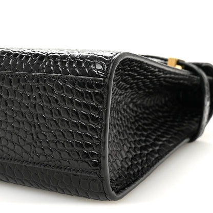 Saint Laurent Shiny Calfskin Crocodile Embossed Manhattan Baguette Black 9 of 9