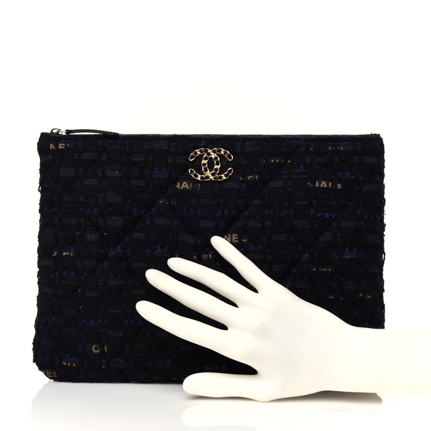 Chanel Tweed Quilted Large Chanel 19 Pouch Black Navy Gold 2 of 13