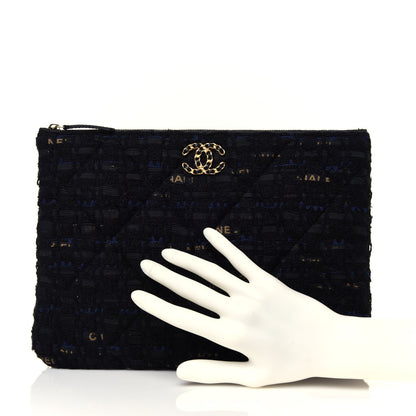 Chanel Tweed Quilted Large Chanel 19 Pouch Black Navy Gold 2 of 13