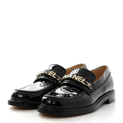 Chanel Shiny Calfskin Logo Loafers 36.5 Black 3 of 9