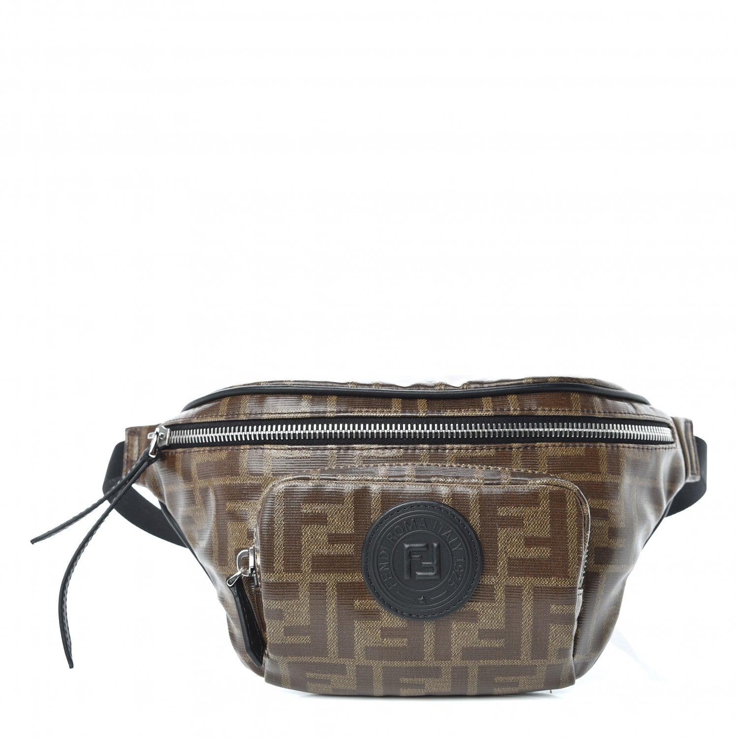 Fendi Glazed Fabric Vitello Century FF 1974 Stamp Patch Pocket Belt Bag Mogano Panna Black 1 of 10