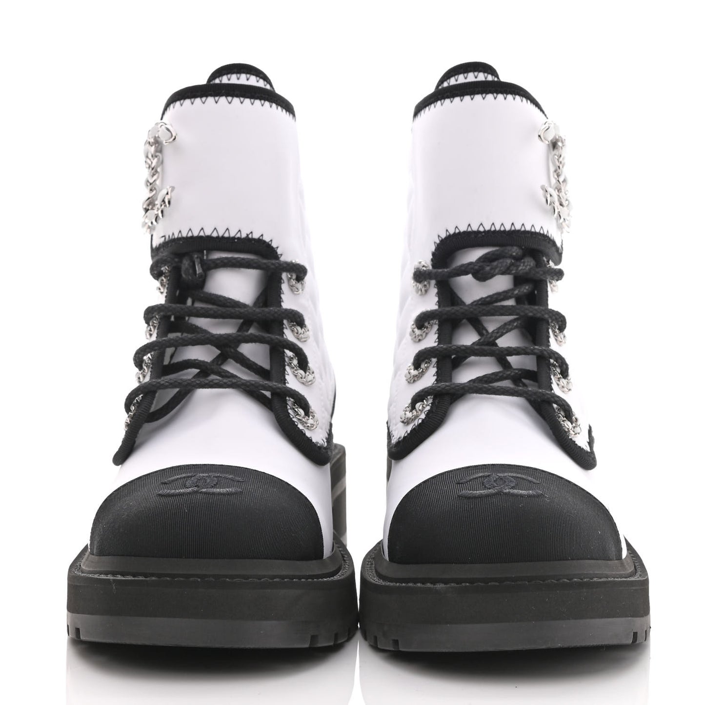 Fabric Grosgrain Quilted Cap Toe Lace Up Combat Boots 37 White Black