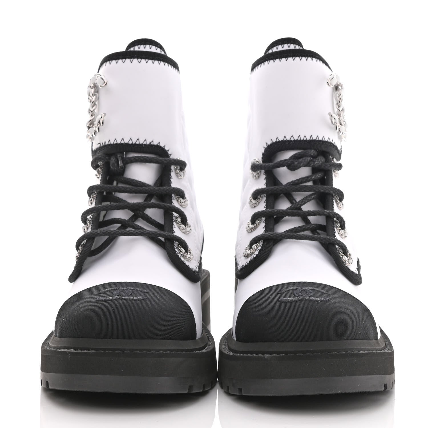 Chanel Fabric Grosgrain Quilted Cap Toe Lace Up Combat Boots 37 White Black 2 of 9
