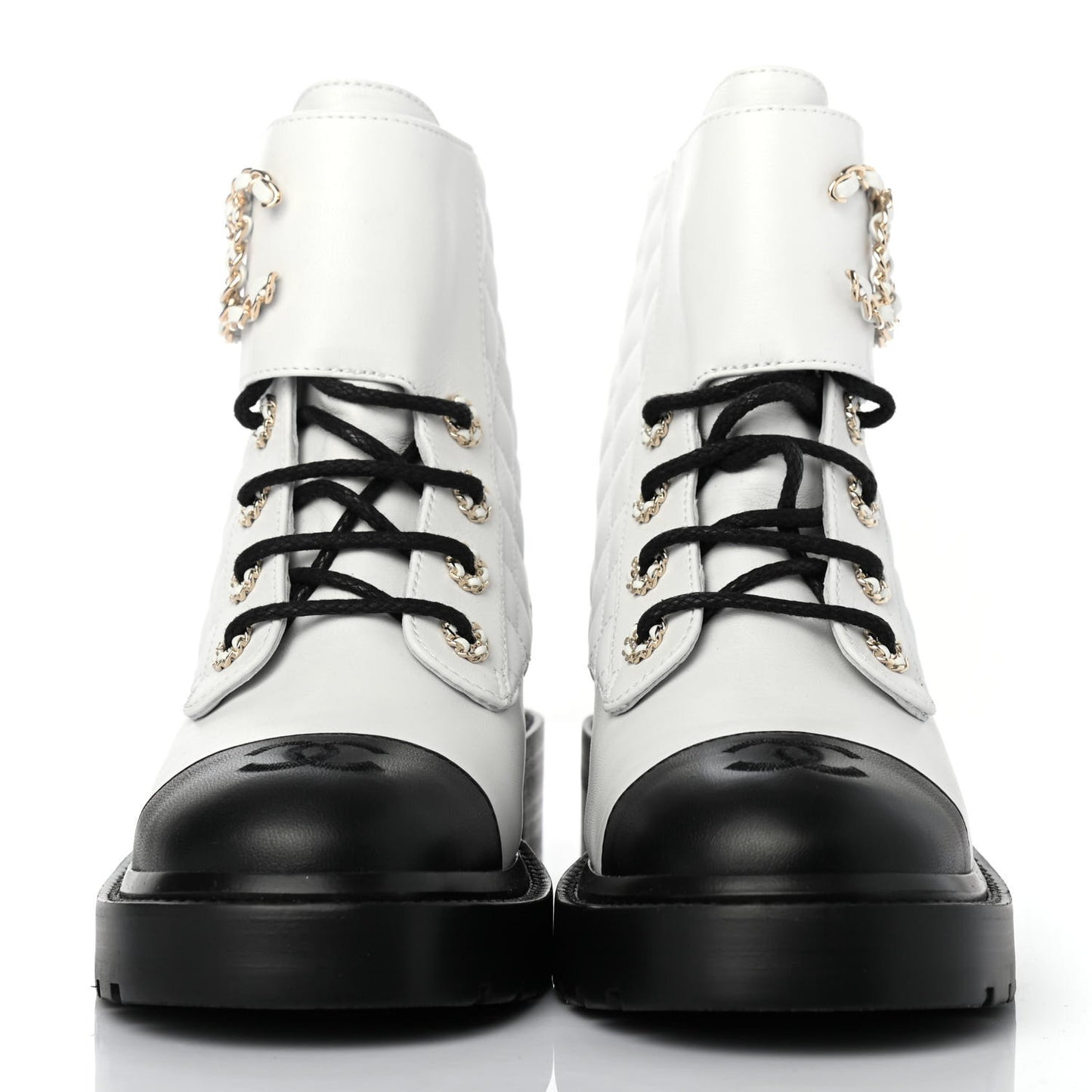 Shiny Lambskin Quilted Lace Up Combat Boots 37.5 White Black