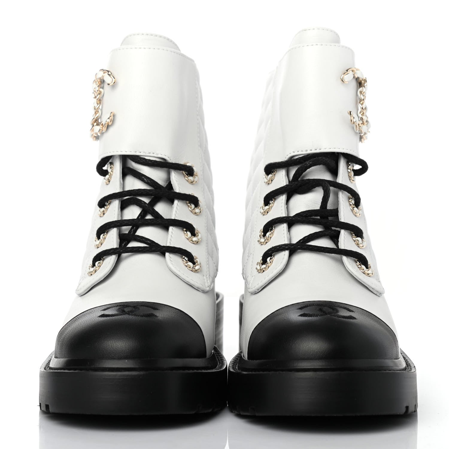 Chanel Shiny Lambskin Quilted Lace Up Combat Boots 37.5 White Black 2 of 4