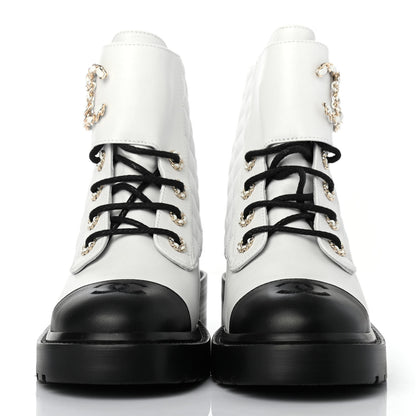 Chanel Shiny Lambskin Quilted Lace Up Combat Boots 37.5 White Black 2 of 4