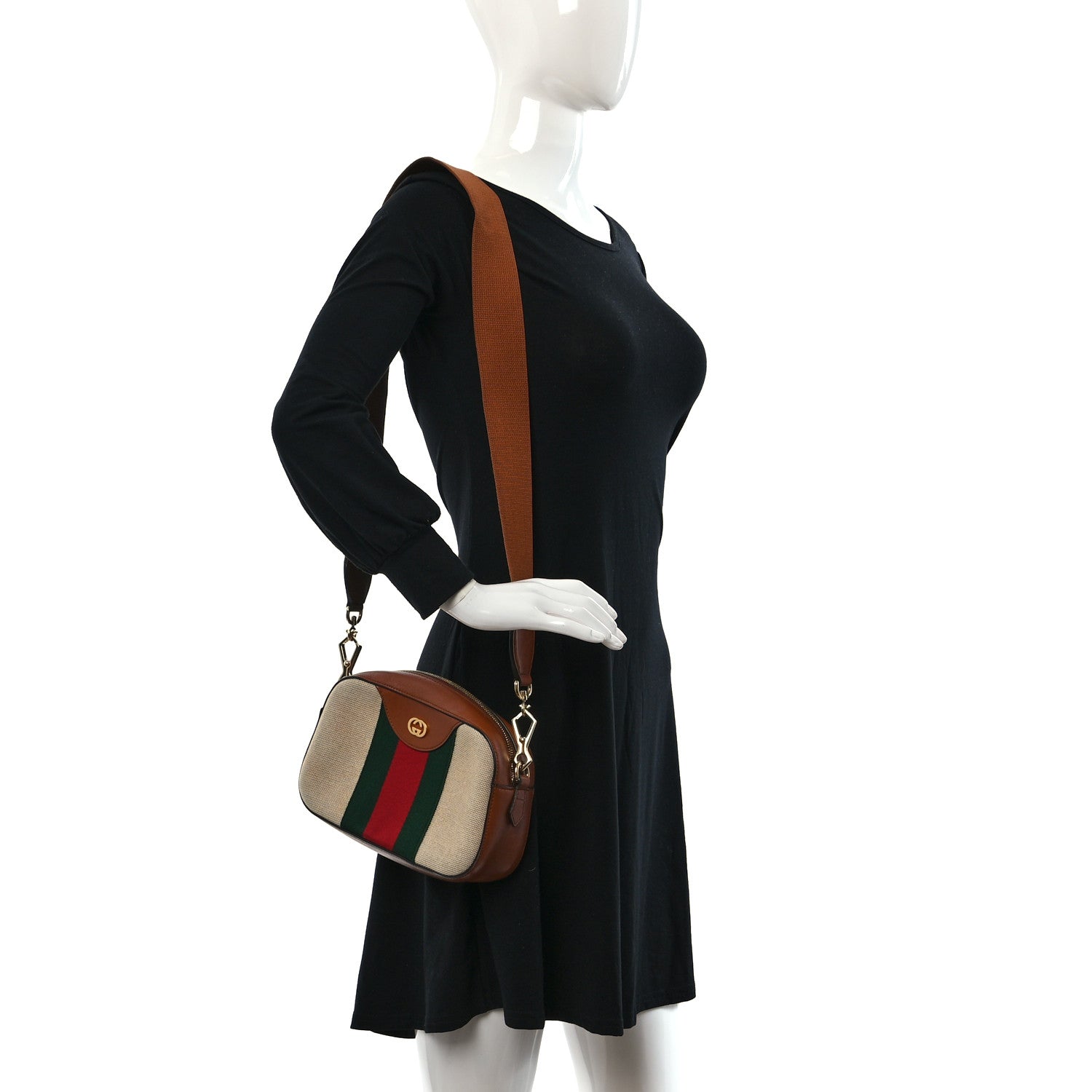 Gucci Vintage Canvas Web Shoulder Bag Sand Cuir 2 of 10