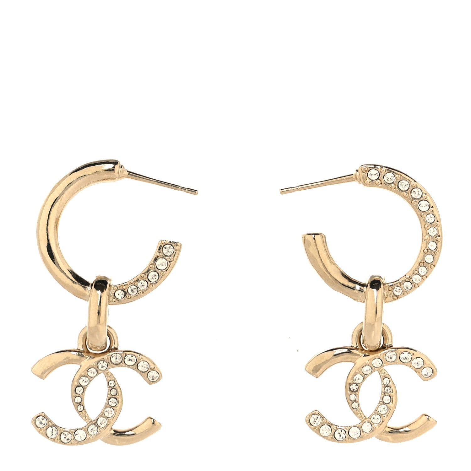 Chanel Crystal Bead CC Hoop Drop Earrings Light Gold 1 of 8