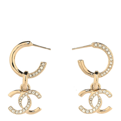 Chanel Crystal Bead CC Hoop Drop Earrings Light Gold 1 of 8