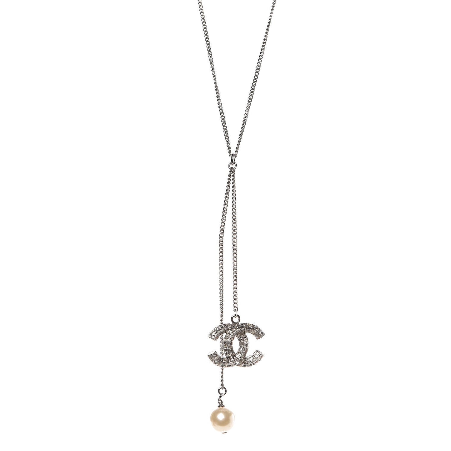 Baguette Crystal Pearl CC Lariat Necklace Silver