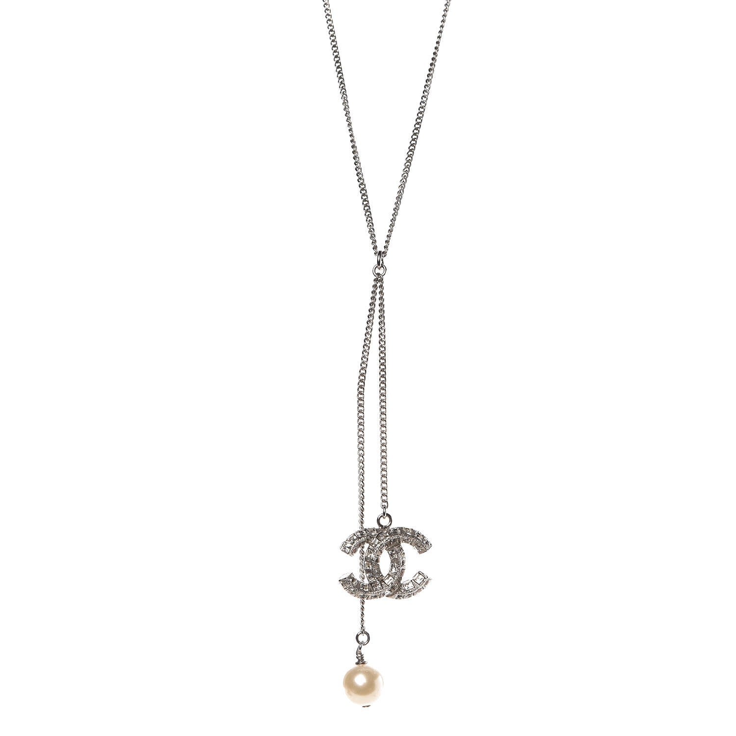 Chanel Baguette Crystal Pearl CC Lariat Necklace Silver 1 of 5