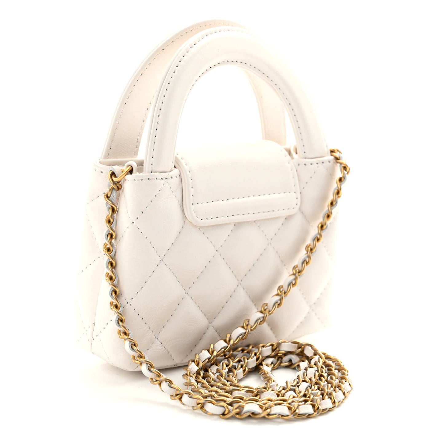 Shiny Aged Calfskin Quilted Mini Nano Kelly Shopper White