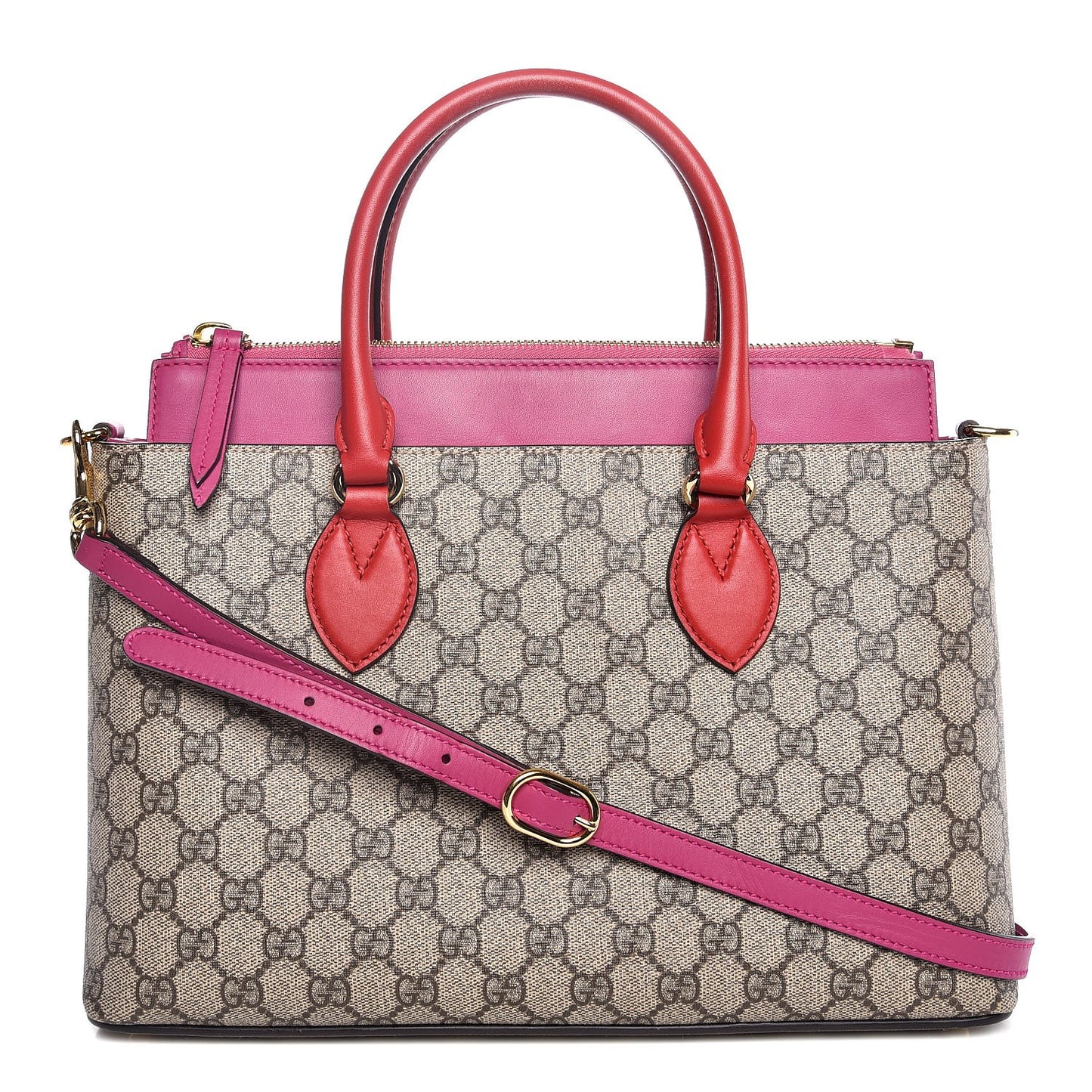 GG Supreme Monogram Moon Calfskin Small Zip Top Tote Beige Ebony Hibiscus Red New Rosette