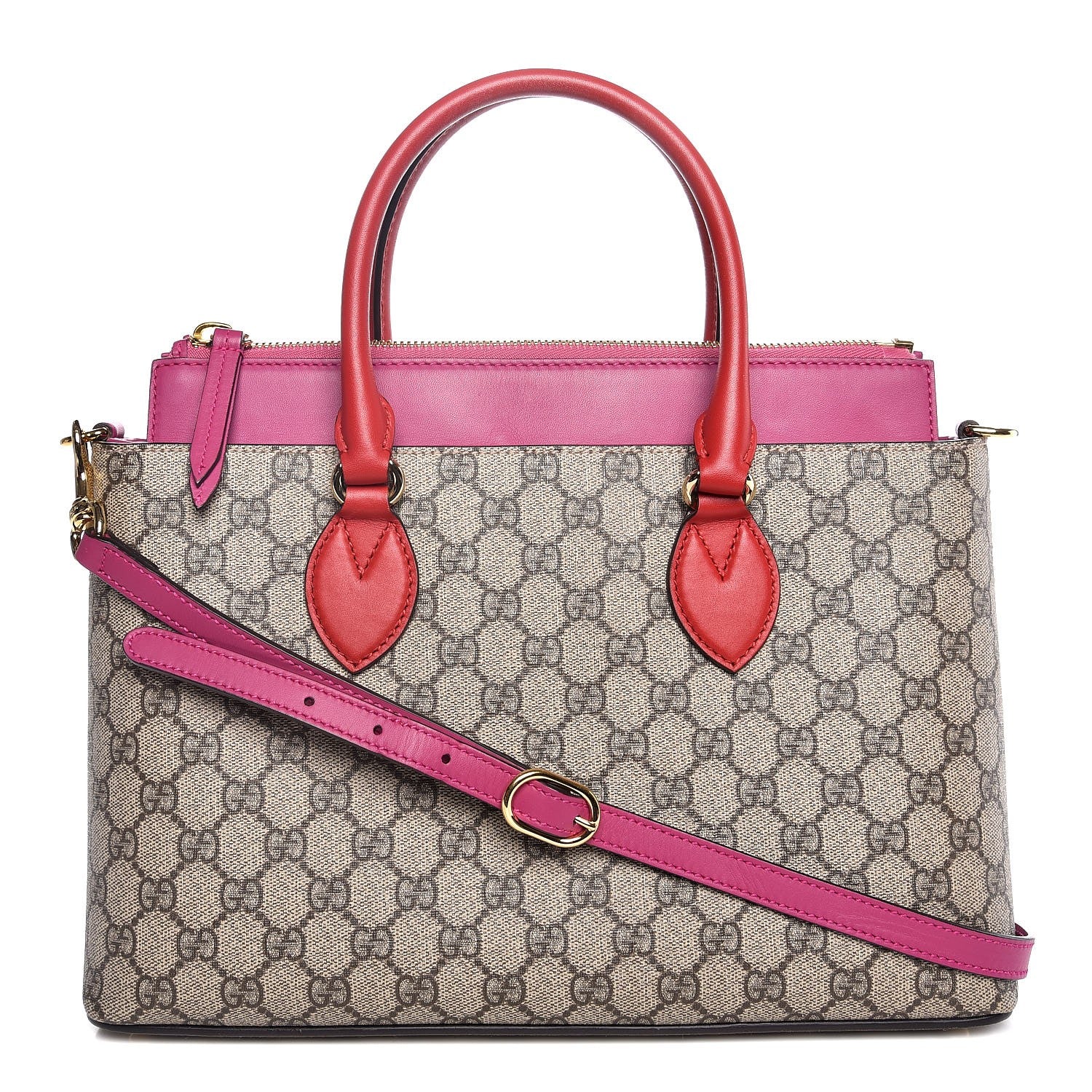 Gucci GG Supreme Monogram Moon Calfskin Small Zip Top Tote Beige Ebony Hibiscus Red New Rosette 1 of 7