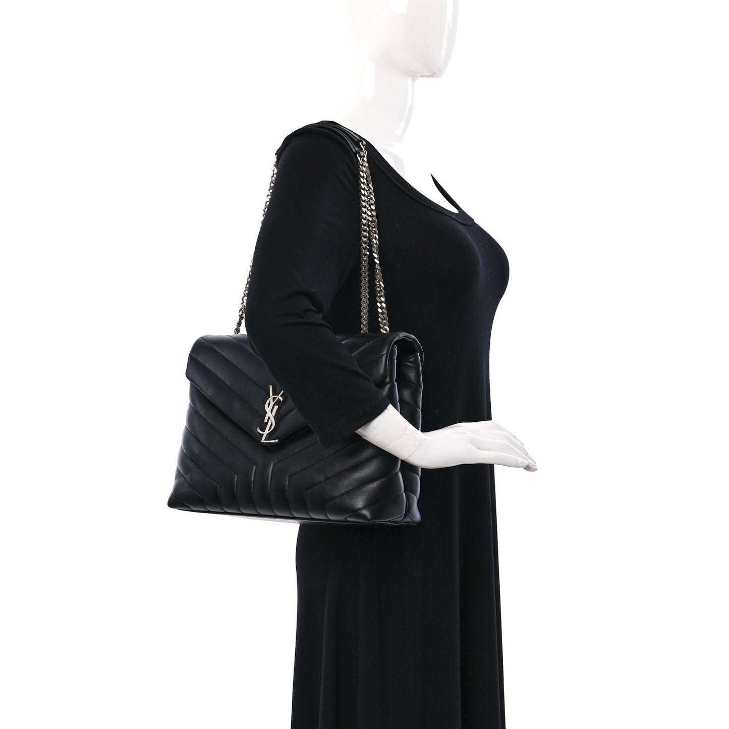 Calfskin Y Quilted Monogram Medium Loulou Chain Satchel Black