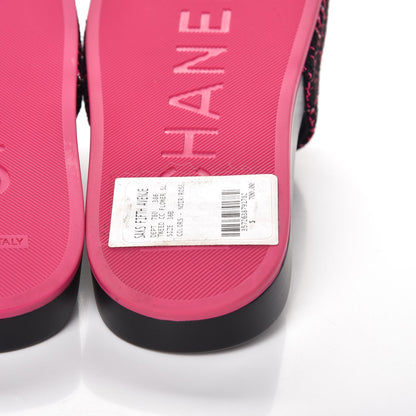 Chanel Tweed Grosgrain Camellia CC Flat Mules 36 Black Pink 6 of 10