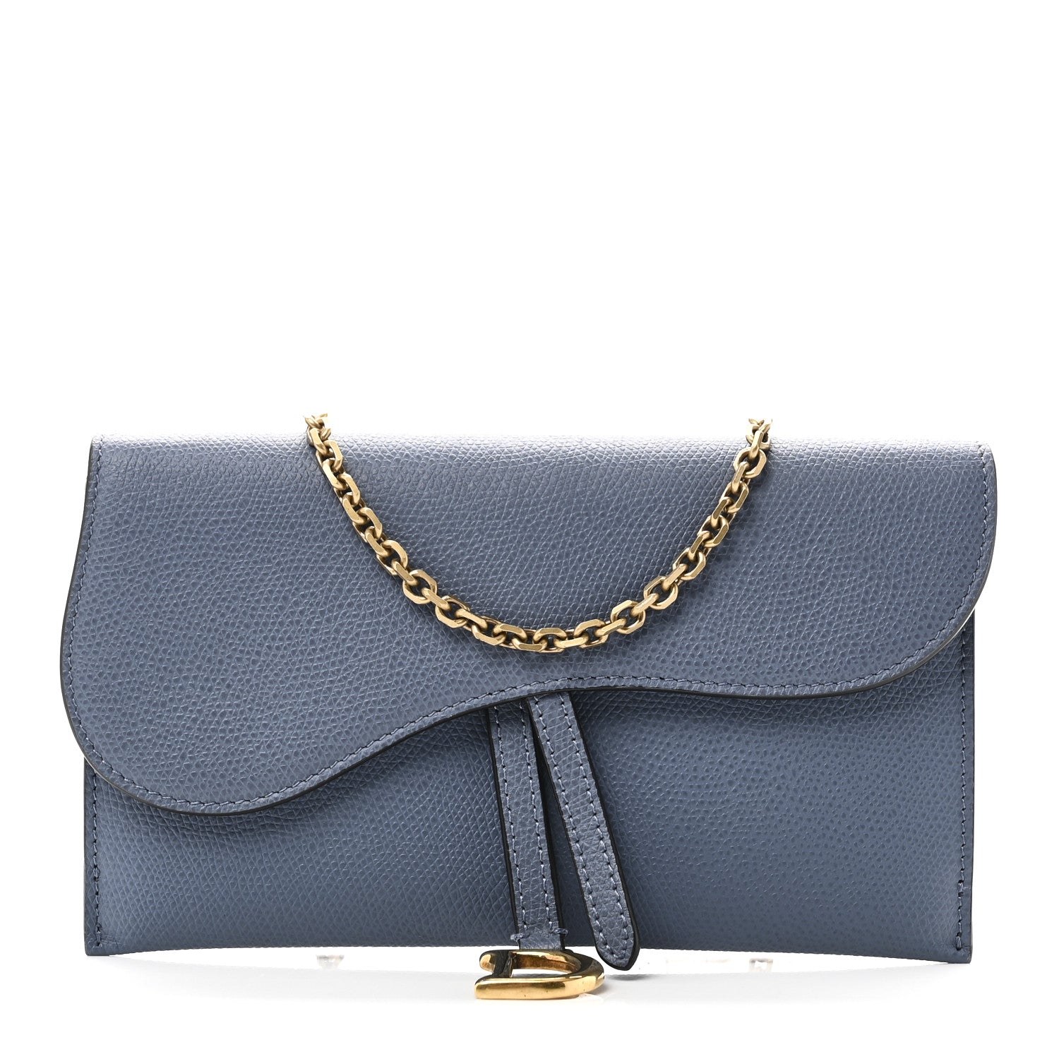 Christian Dior Grained Calfskin Saddle Chain Wallet Pouch Denim Blue 1 of 11