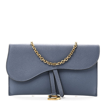 Christian Dior Grained Calfskin Saddle Chain Wallet Pouch Denim Blue 1 of 11