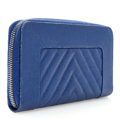 Chanel Caviar Chevron Quilted Mademoiselle Vintage Zip Around Wallet Blue 3 of 10