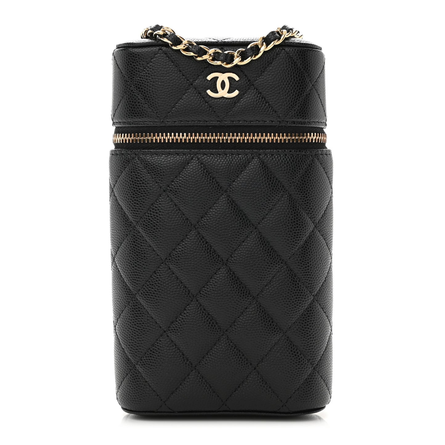 Caviar Quilted Phone Holder With Chain Black