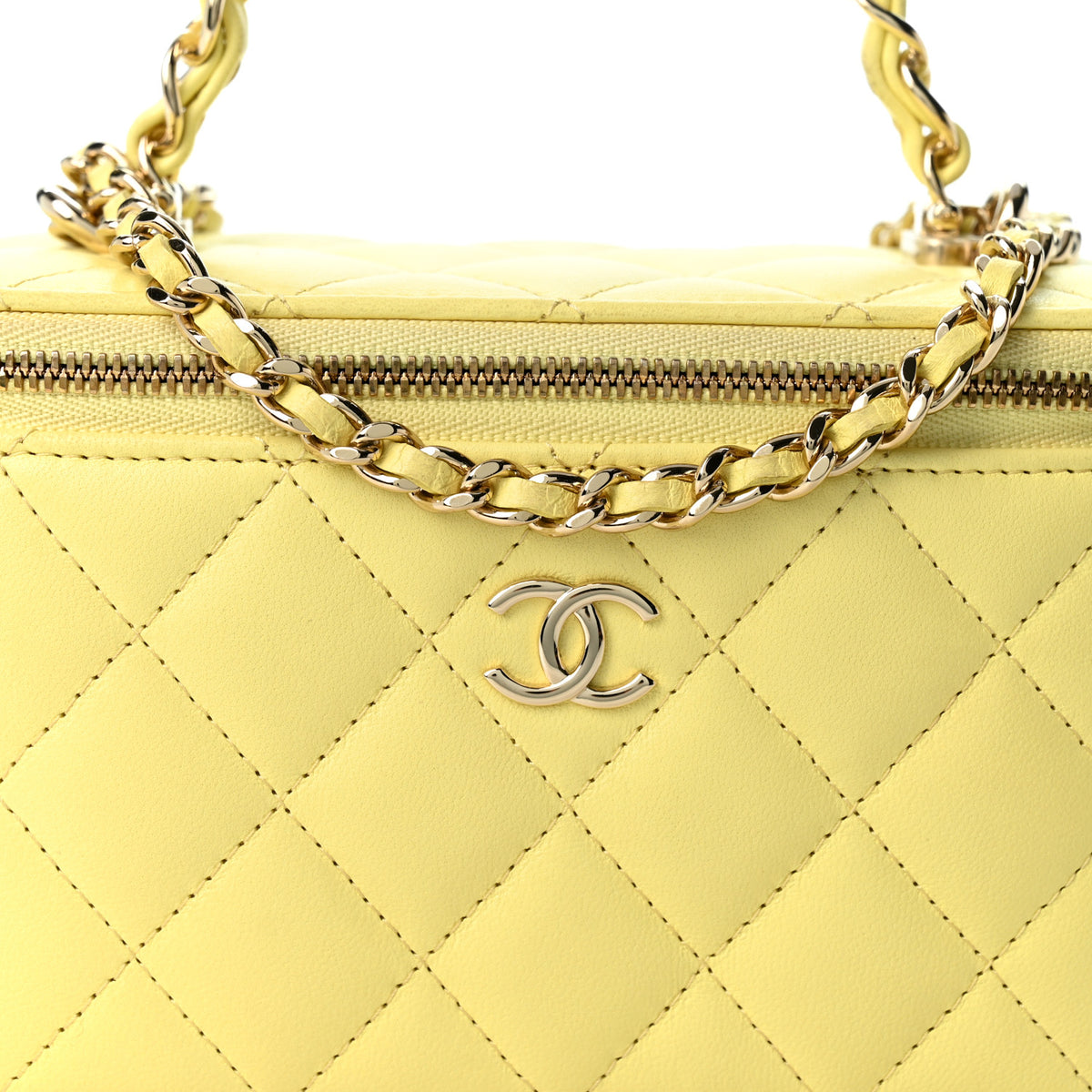 Lambskin Quilted Crystal Small Top Handle Vanity Case With Chain Light Yellow