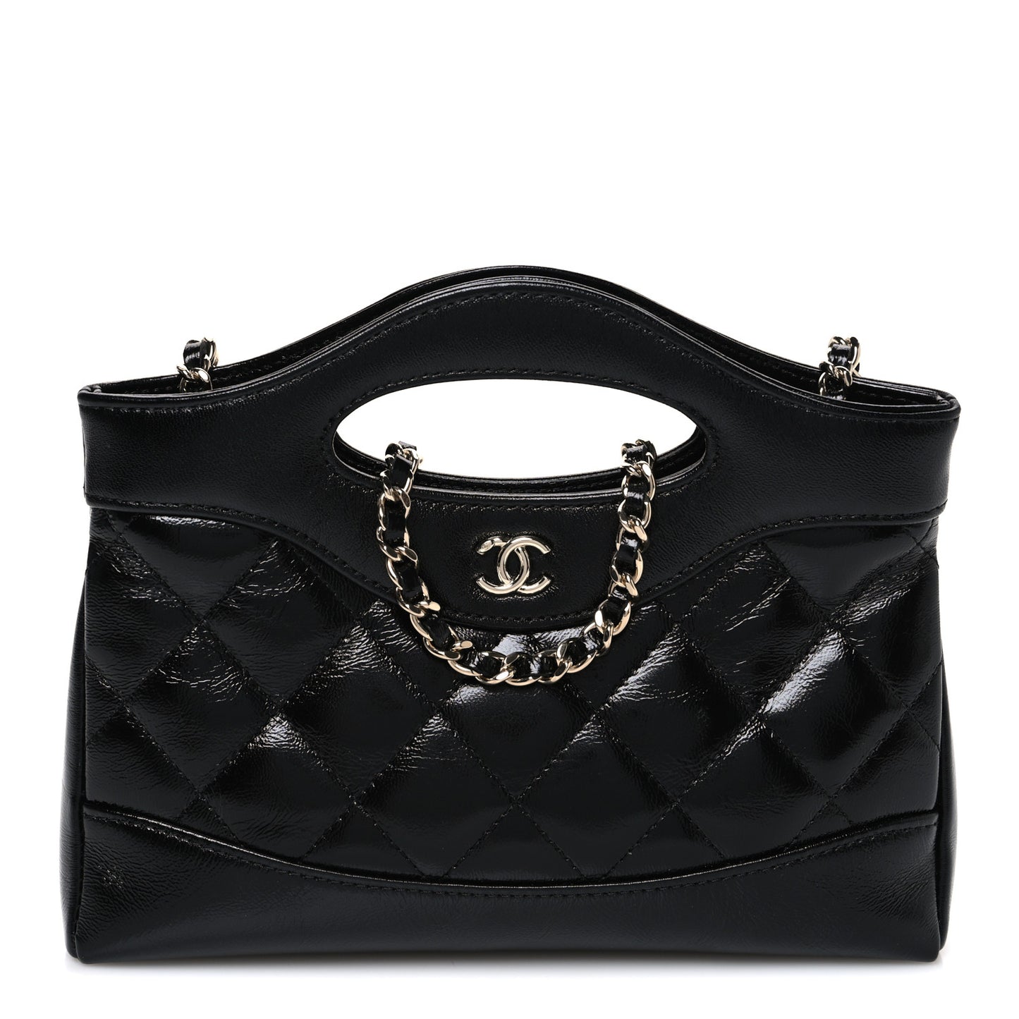 Shiny Crumpled Calfskin Quilted Nano 31 Shopping Bag Black