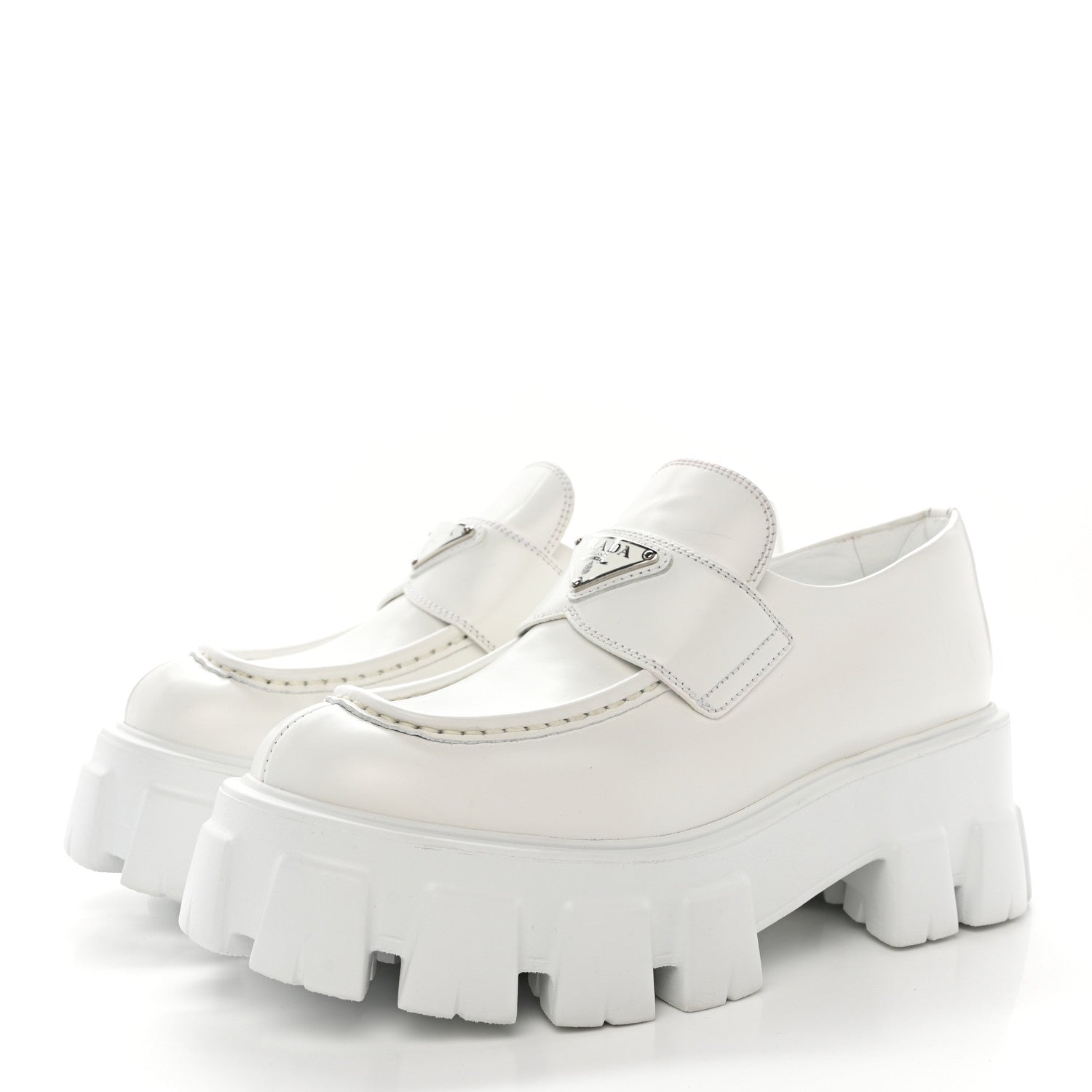 Prada Spazzolato Rois Metal Triangle Logo Monolith 55mm Loafers 38 White 3 of 11