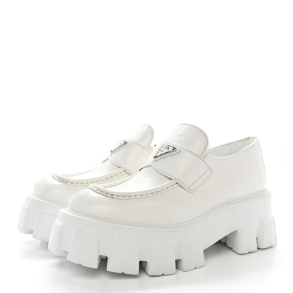 Prada Spazzolato Rois Metal Triangle Logo Monolith 55mm Loafers 38 White 3 of 11